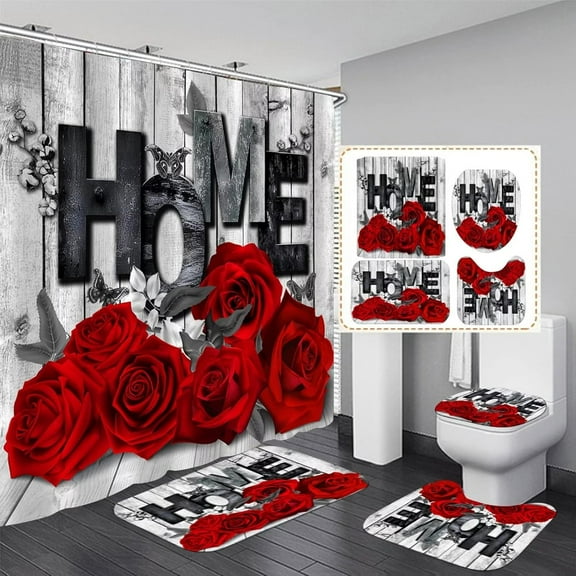 Red Rose 4 Pcs Shower Curtain Sets Non-Slip Rugs Bath Mat Toilet Cover U Shaped Mat Black Red Shower Curtain with 12 Hooks Red Rose Bathroom Set