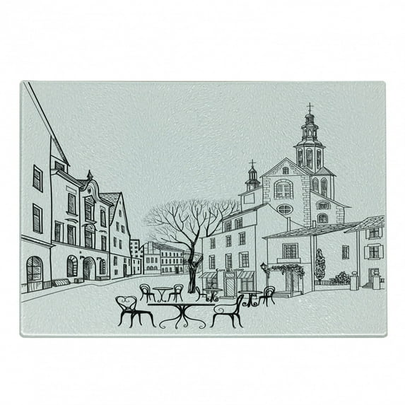 Cityscape Cutting Board, Street Cafe in Old City Houses Buildings Tree Alleyway Medieval Castle Landscape, Decorative Tempered Glass Cutting and Serving Board, Small Size, Black White, by Ambesonne