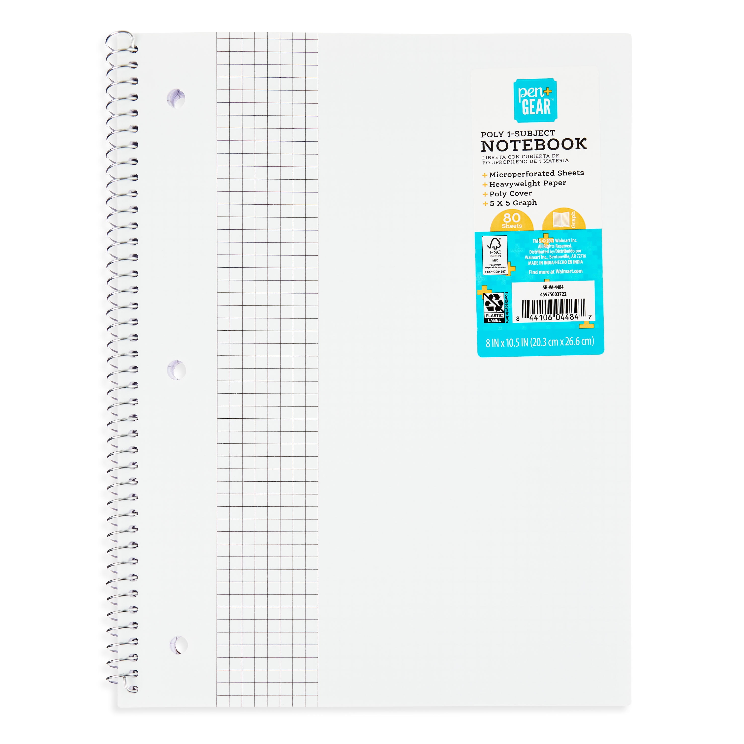 Pen+Gear Poly 1-Subject Notebook, Grid Ruled, 80 Sheets, 8" x 10.5"