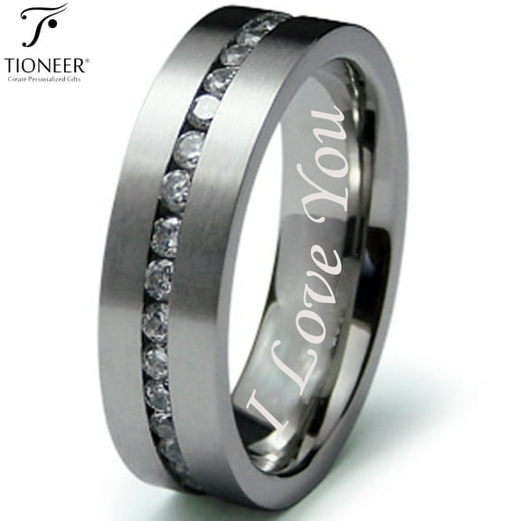 Tioneer Stainless Steel 316L Eternity Cubic Zirconia Flat Top Wedding Band Promise Ring Comfort Fit7mmI Love You Engraved