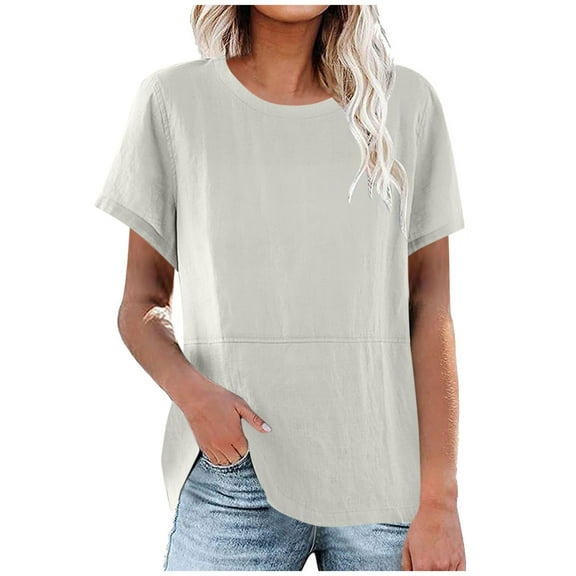 Womens Tops 2026 Plus Size Fashion Cotton Linen Loose Casual Full Crew-neck Short-sleeved Shirts Tops