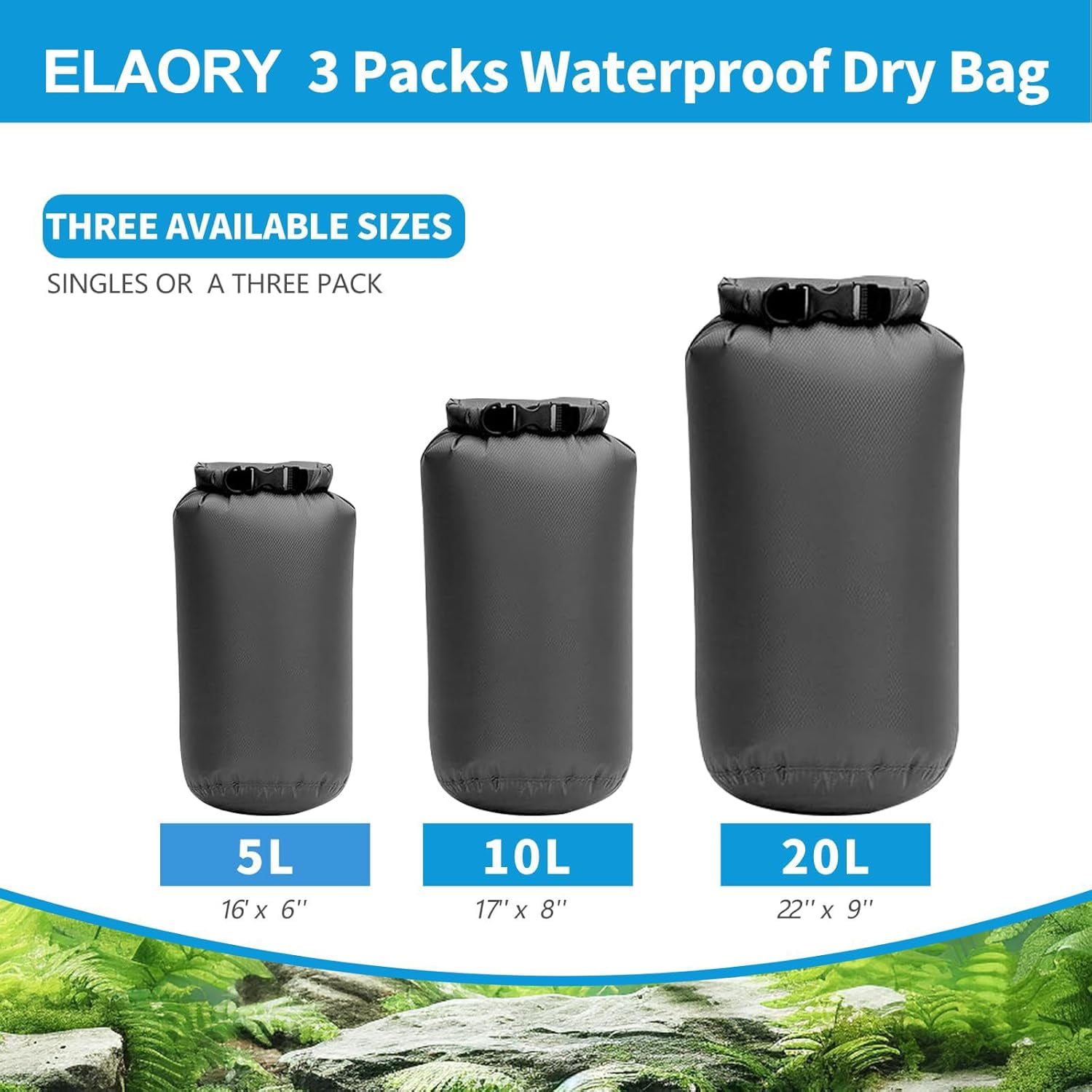 Waterproof Dry Bags 3 Pack (5L, 10L, 20L) - Lightweight Storage for Travel, Boating, Fishing, Rafting, Swimming, Camping & Outdoor Activities Durable Compact Design Grey