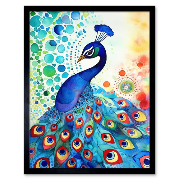 Peacock Bird With Mandala Patterns Folk Art Watercolour Painting Art Print Framed Poster Wall Decor 12x16 inch
