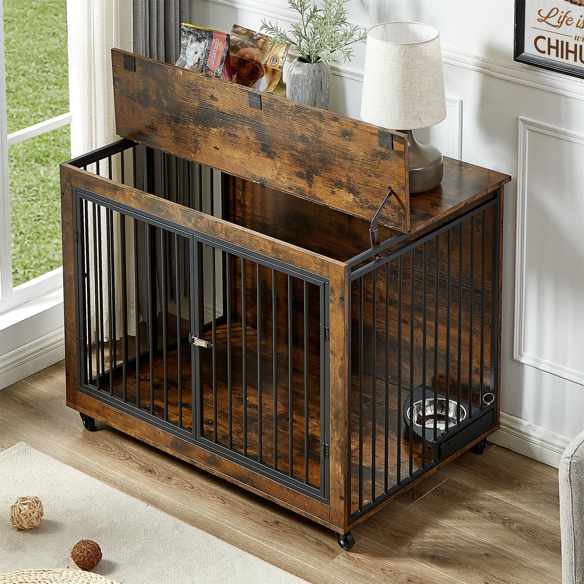 Pefilos 43" Dog Crate with Rotatable Feeding Bowl, Wheels, Three Doors Kennel Flip-Up Top Opening, Furniture Style Dog Cage for Indoor Dogs, Brown Pefilos 43" Dog Crate with Rotatable Feeding Bowl, Wheels, Three Doors Kennel Flip-Up Top Opening, Furniture Style Dog Cage for Indoor Dogs, Brown