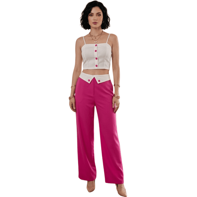 Conjunto 2 Piezas, Top con Botones y Pantalón con Detalles en Cintura, Comodidad y Estilo Casual Chic para Mujer