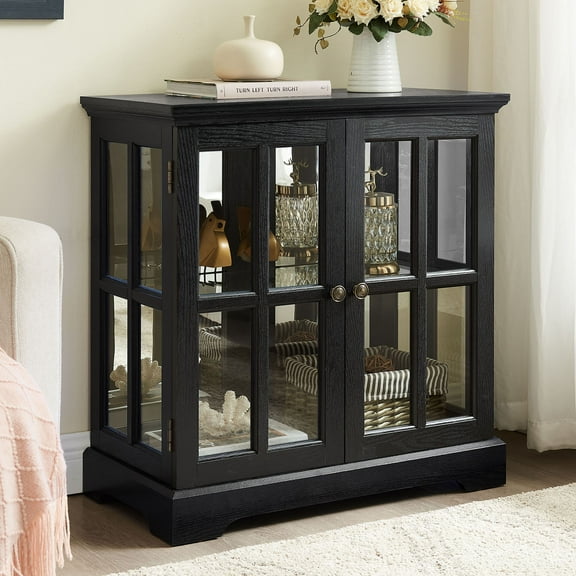Black Display Cabinet with Lattice Doors and Adjustable Shelves Perfect for Book Storage and Home Decor