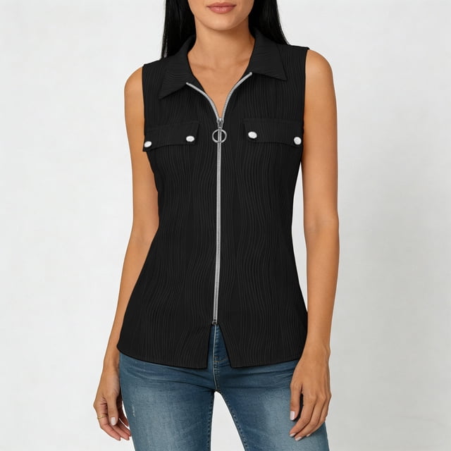 Abcnature Women's Sleeveless Zip Up Shirt Collared V Neck Button Down Blouse Tops Solid Color Ribbed Tank Tops