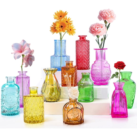 12 Pack Glass Bud Vases, Colored Bud Vase, Colorful Vintage Small Vase for Flowers, Small Glass Flower Vases in Bulk for Centerpieces Wedding Home Office Table Party Decor