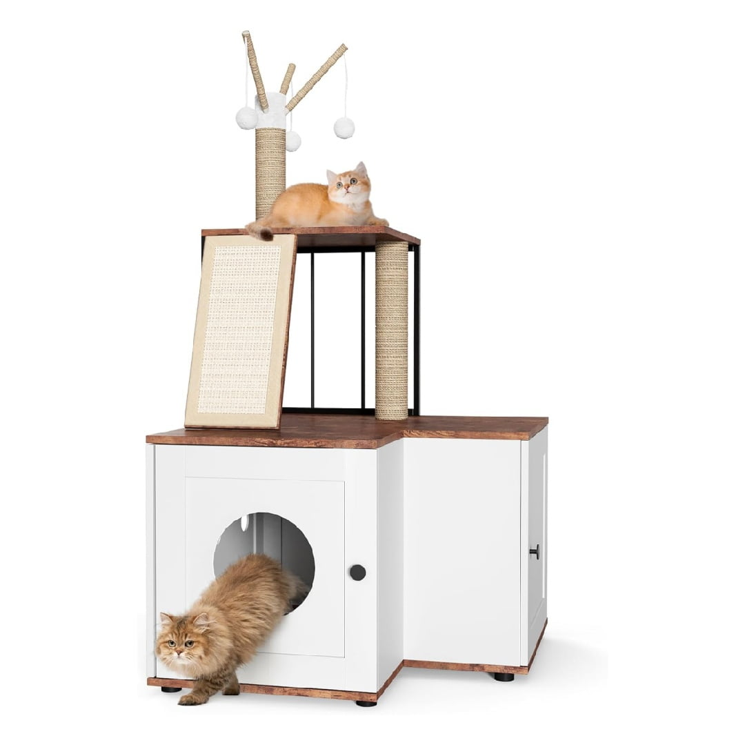 Pet Cat Litter Cabinet, Cat Litter Box Enclosure with Scratching Post, Hanging Balls, 2-in-1 L-Shaped Corner Cat Litterbox with Storage Cabinet