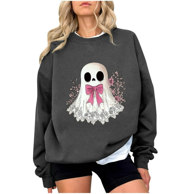 Chandail en Molleton Imprimé Fantôme pour Femmes Chandail Léger et Chaud Blouses Col Rond Manches Longues Ultra Doux Texturé Tenues de Printemps 2025 Chandail Automne Hiver Vêtements