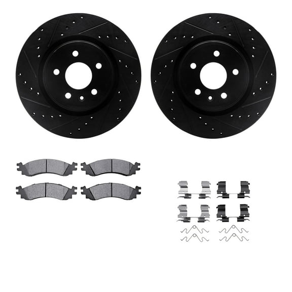 Dynamic Friction Company Front Brake Rotors-Drilled and Slotted-Black with 5000 Advanced Brake Pads includes Hardware 8512-54058