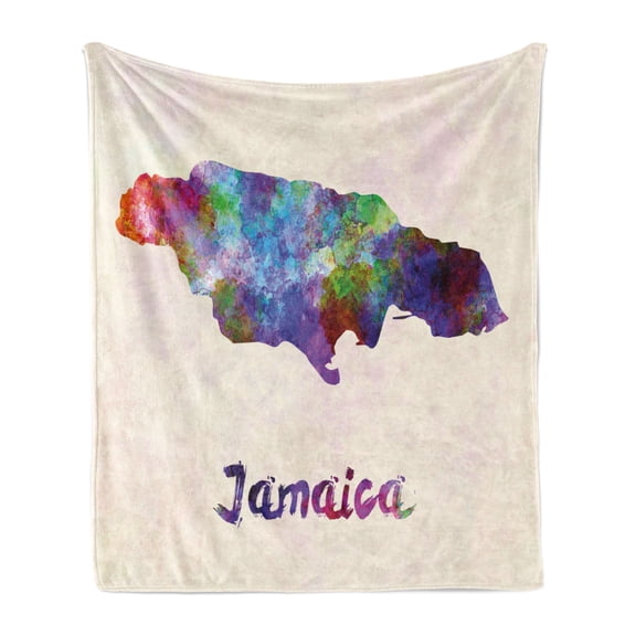 Jamaican Soft Flannel Fleece Blanket, Abstract Watercolor Map of Jamaica Psychedelic Inspirations Country Brush Effect, Cozy Plush for Indoor and Outdoor Use, 50" x 70", Multicolor, by Ambesonne
