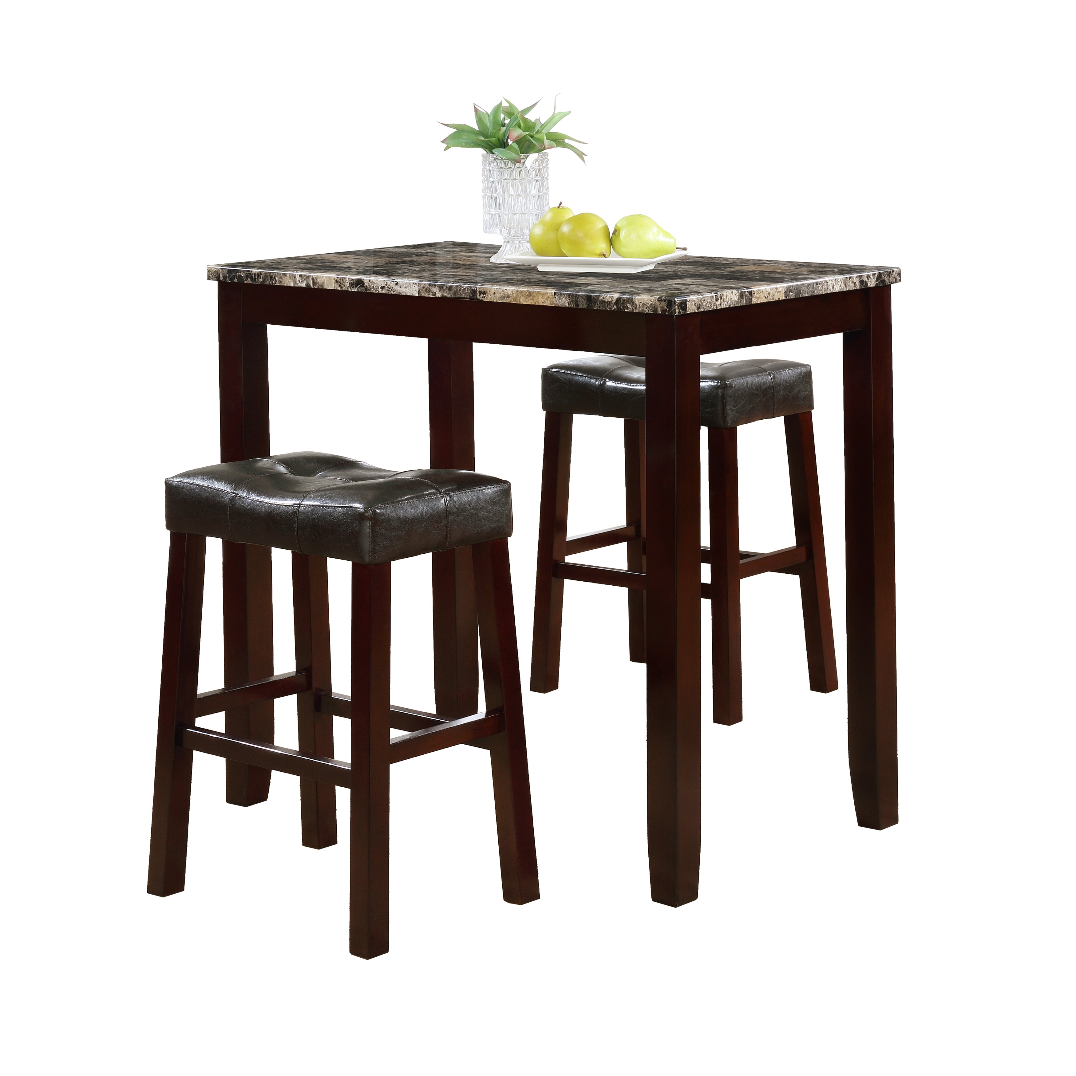 3 - Piece Bar Set with Dark Brown Blended - Leather Stools and Espresso - Finish Wood Table for Home Use