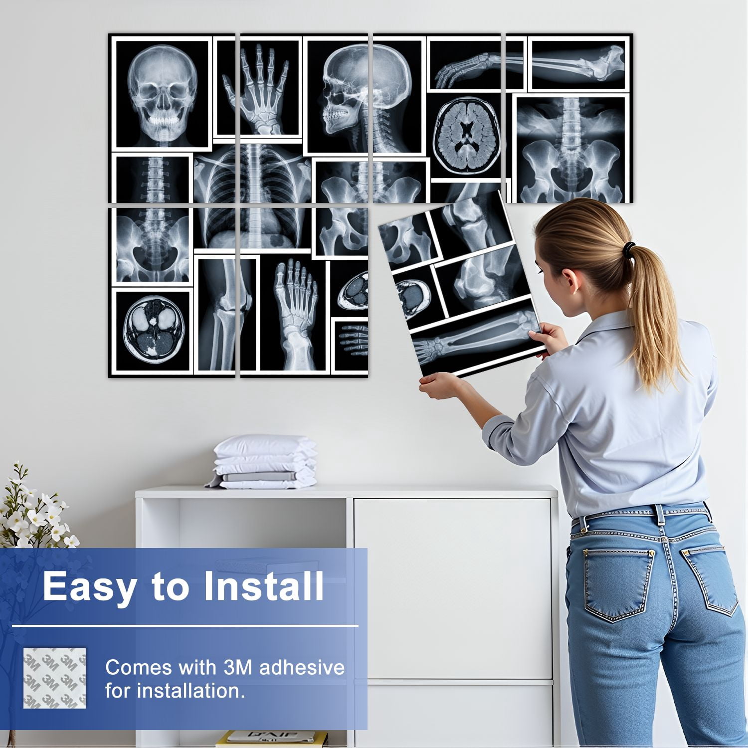 Medical 8 Pack Art Acoustic Panels Sound Absorbing Collection Human X Ray Anatomy Showing Skull Hands Spine Chest Black Decorative Soundproof Wall Panels Self Adhesive for Classroom Hospital 48"x32"