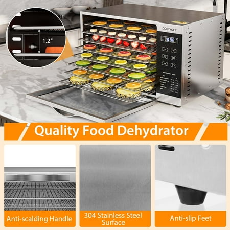 Costway - Food Dehydrator Dryer Machine 85°F-160°F with 8 Detachable Mesh Trays & Timer - Silver
