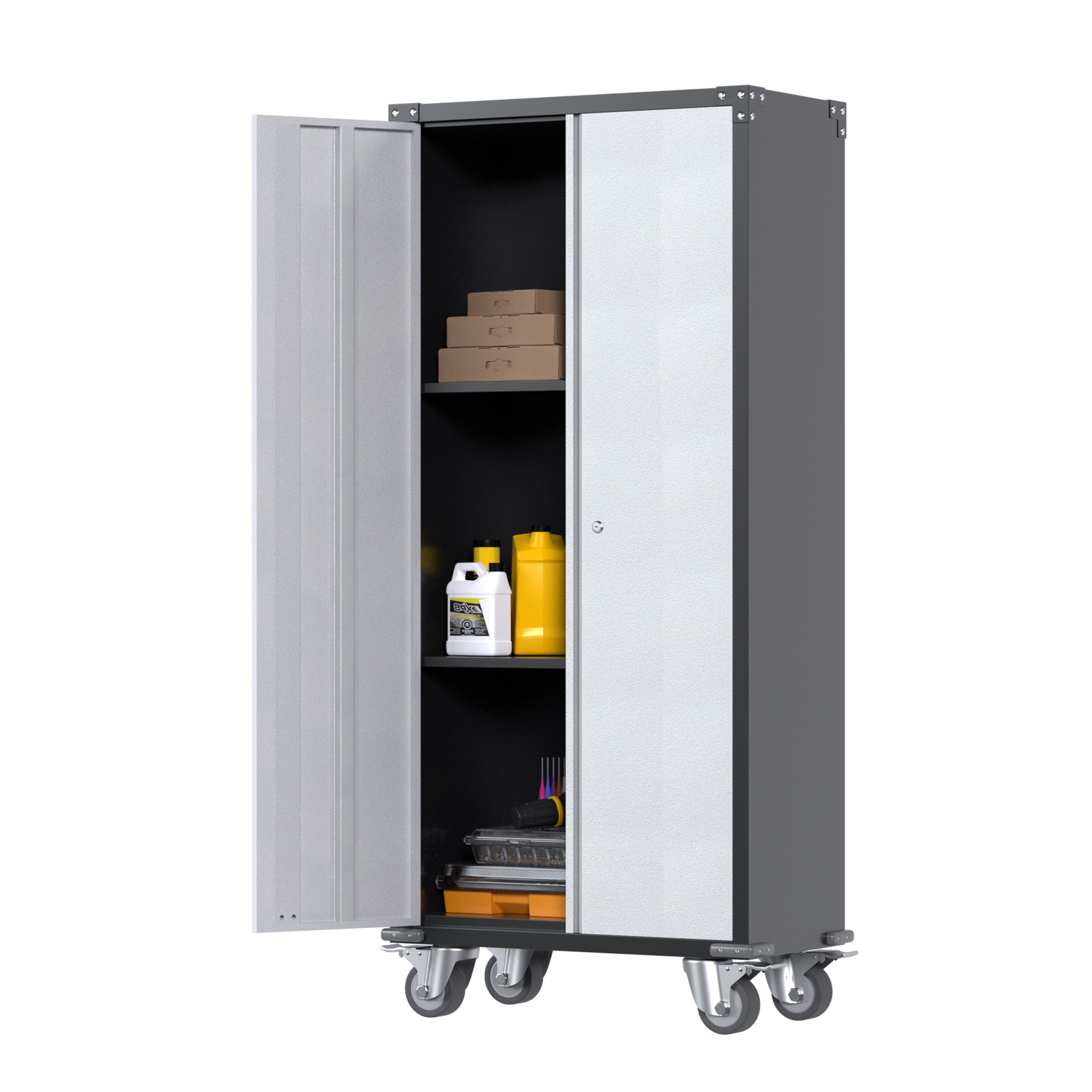 YILFANA Metal Storage Cabinet with Lockable Doors, 75 Steel Storage Locker Cleaning Tool Cabinet with Hanging Rod & S-Hooks, Tall Garage Storage