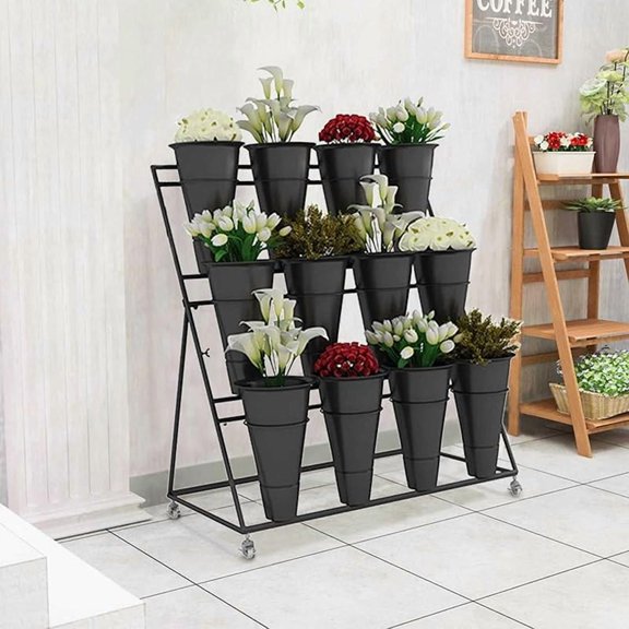 Plant Stands Indoor Outdoor Flower Display Stand, Heavy Duty Metal 3 Tiered Plant Shelf with Wheels, Florist Bouquet Shelf Flower Bar for Flower Shops Patio Garden