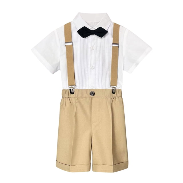 Tenue d'Été pour Petit Garçon Style Britannique Chemise à Manches Courtes Bretelles Shorts Nœud Papillon Ensemble de Jeu de Rôle Performance 4 Pcs Taille 6-7T