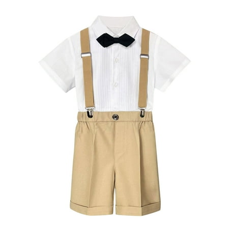 

Baby Girl Outfits Summer British Style Short Sleeved Shirt Suspenders Shorts Bow Tie 4Pc Performance Suit Outfit Set Boys