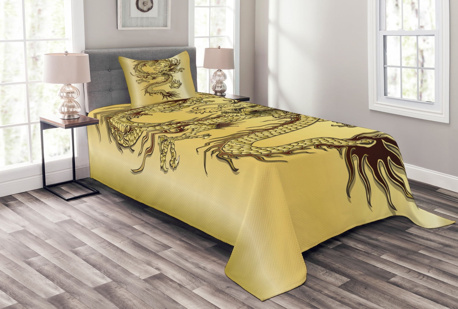 Dragon Bedspread Set Twin Size, Chinese Snake Dragon Theme Background