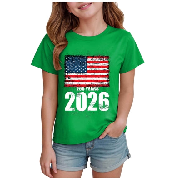 WUANDIXFA Kids Shirt 250 Anniversary USA Girls' United States Patriotic T-Shirt with American Flag Crewneck Short Sleeve Green,11-12 Years