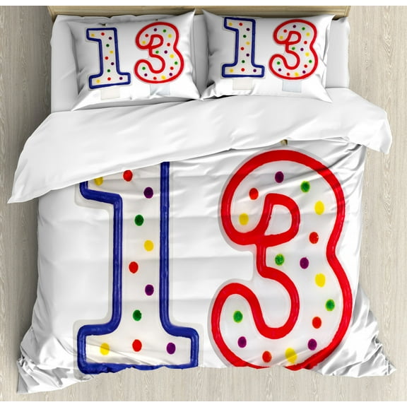 13th Birthday Duvet Cover Set Queen Size, Cute and Sweet Colorful Burning Candles Number Thirteen Party Objects Print, Decorative 3 Piece Bedding Set with 2 Pillow Shams, Multicolor, by Ambesonne