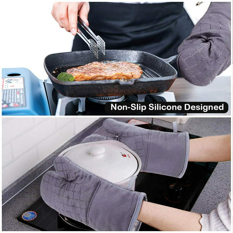 Silicone Oven Mitts Heat Resistant to 500 Degrees, Heat Resistant Oven Mitts  with Kitchen Towels Soft Cotton Lining and Non-Slip Surface Safe for Baking,  Cooking, BBQ (Gray) 