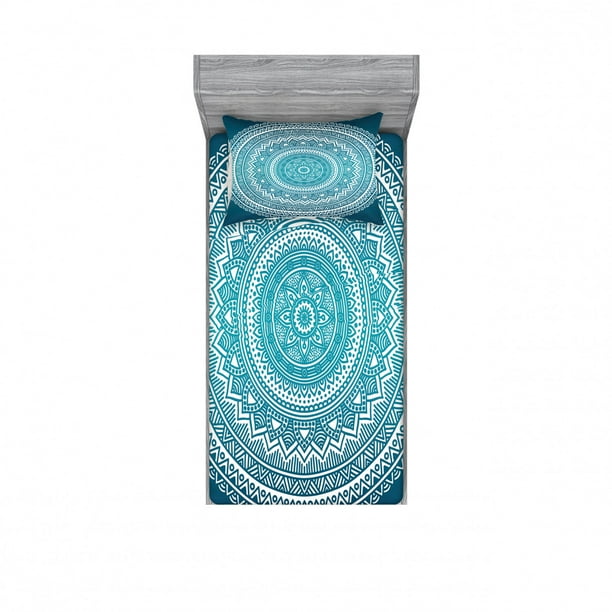 Turquoise Ombre Bedding Set with Sheet & Covers, Mandala Medallion Starry Design with Flower in