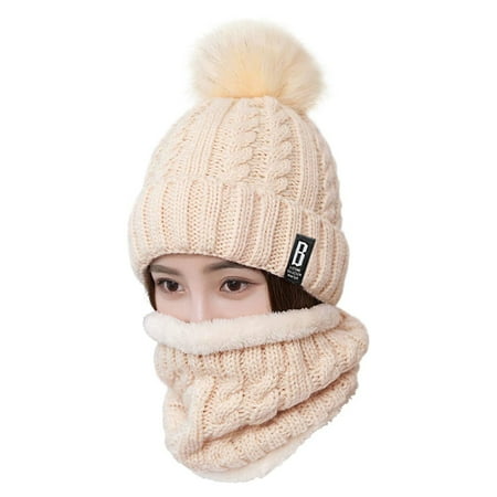 Sinhoon Womens Pom Beanie Hat Scarf Set Girls Cute Winter Ski Hat Slouchy Knit Cap with Fleece Lined Beige