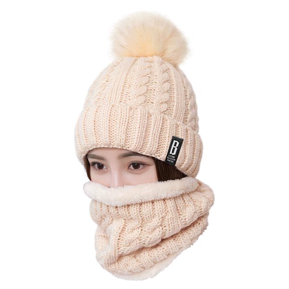 Sinhoon Womens Pom Beanie Hat Scarf Set Girls Cute Winter Ski Hat Slouchy Knit Cap with Fleece Lined Beige