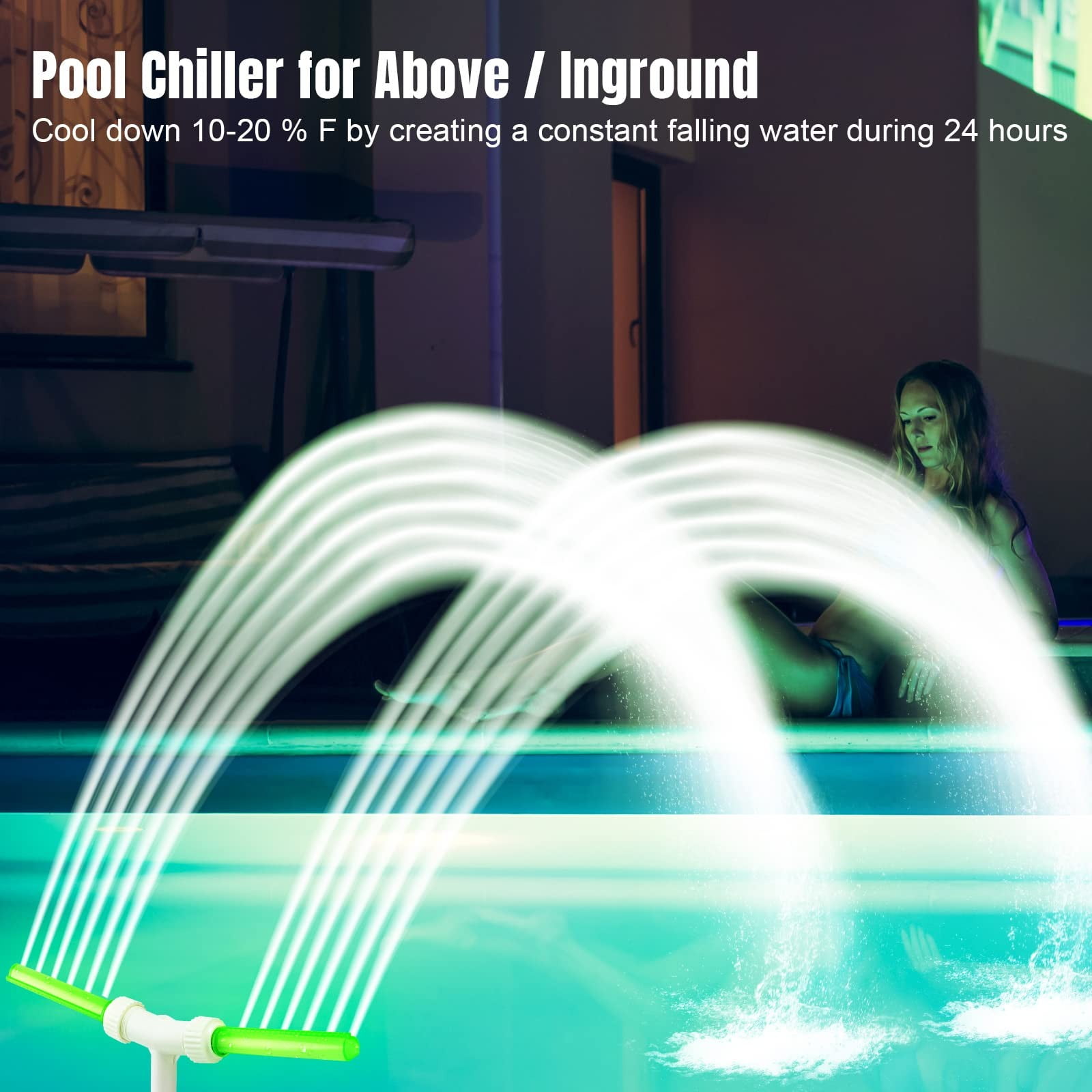 Glow in The Dark Double Head Pool Fountain with Adapter, Adjustable Waterfall Sprinkler for Above Ground Inground Pool, Water Cooler for Pool Spa Summer Fun