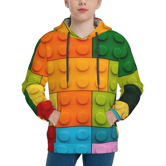 Honeii Colorful Building Blocks Pattern Long-Sleeve Hooded Sweatshirt Pullover Hoodie for Boys and Grils-Small