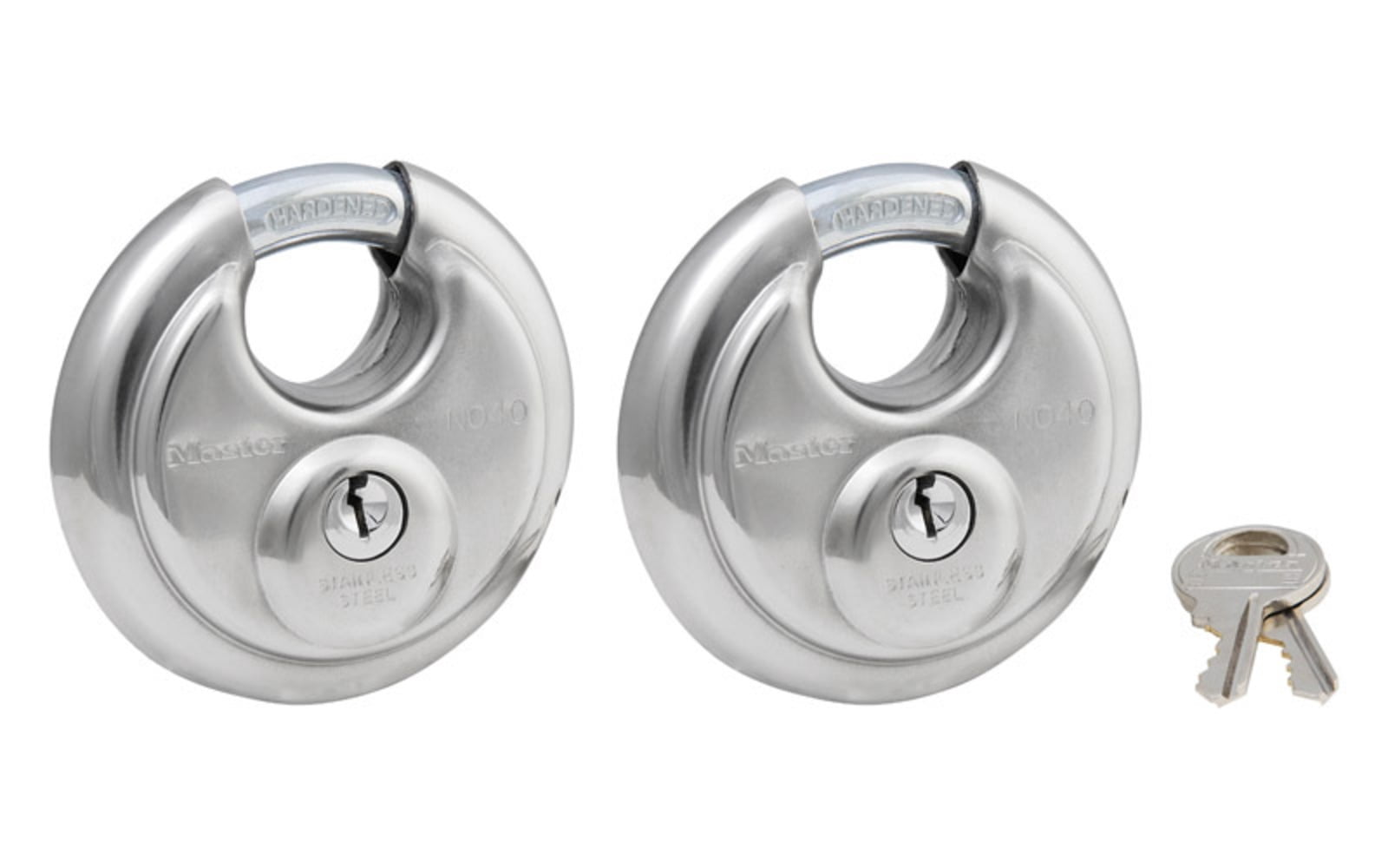(2 pack) Master Lock 2-3/4in (70mm) Wide Stainless Steel Discus Padlock with Shrouded Shackle; 2-Pack