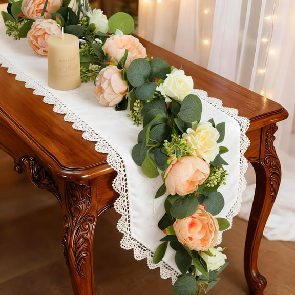 Lewondr Artificial Eucalyptus Garland, 2 Pack 6FT Floral Garland with 8 Roses 8 Peonies Eucalyptus Leaves, Maintenance-Free Greenery Backdrop for Wedding Table Backdrop Centerpiece, Mixed Champagne