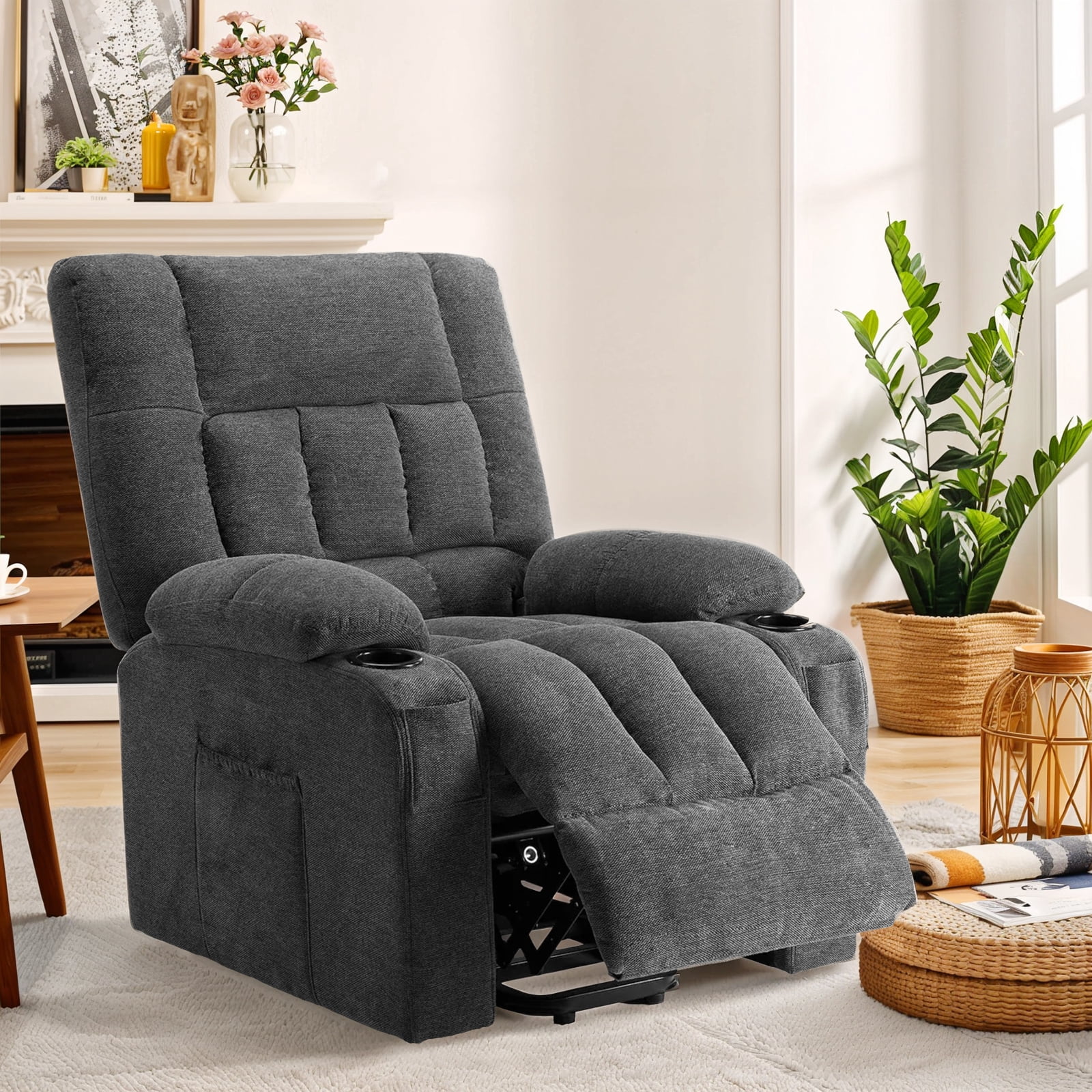 Recline Chair, 21.6"W Oversize Accent Armchair with Storage Bag, Modern Chair for Living Room, Bedroom, Gray