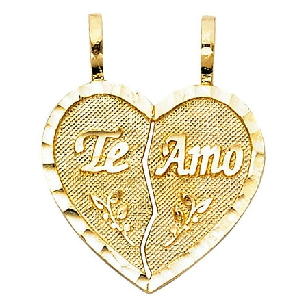 - Te Amo Lovers Couple Love Heart 2 Pcs Pendant Flat Diamond Cut Rough Metal Finish 18mm 14k Yellow Solid Gold Charm Necklace Fine Jewelry Accessory Ideal Gift
