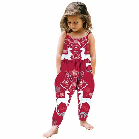 

Ozmmyan 2022 Christmas Toddler Baby Girl Jumpsuits Casual Home Wear Christmas Pajamas Cute Cartoon Printing Strap Romper Pants With Pockets on Christmas Clearance