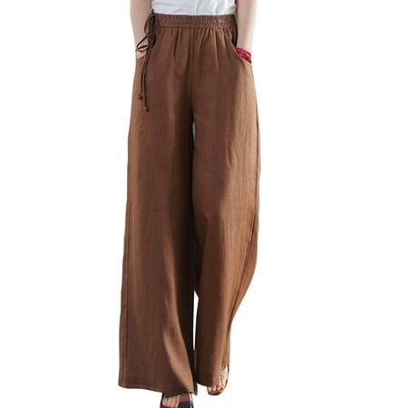 

Grianlook Women Wide Leg Palazzo Lounge Pants with Pockets Light Weight Loose Comfy Casual Pajama Pants Loose Fit Flared Linen Pants Coffee 2XL