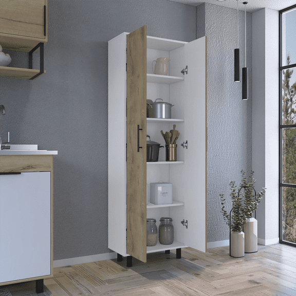 5-Shelf Multistorage Cabinet - Macadamia & White Finish, 78"H x 23"W x 11"D