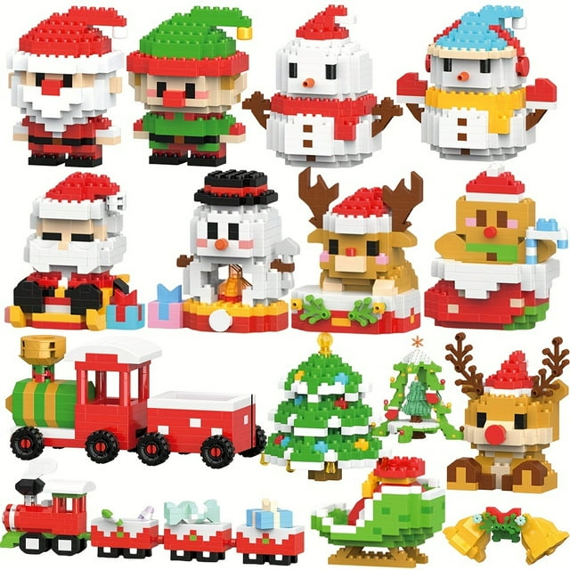 Christmas Tree Train Santa Claus Model Building Blocks, Elk Elves Snowman Mini Bricks, Xmas Gifts Toys