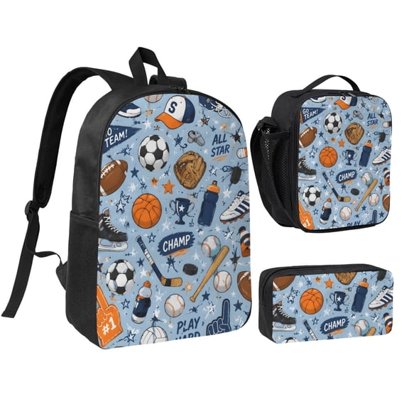 Sports Gear Baseball Soccer Football Backpack Set 3pc Including Backpack, Lunch Bag and Pen Bag Combination