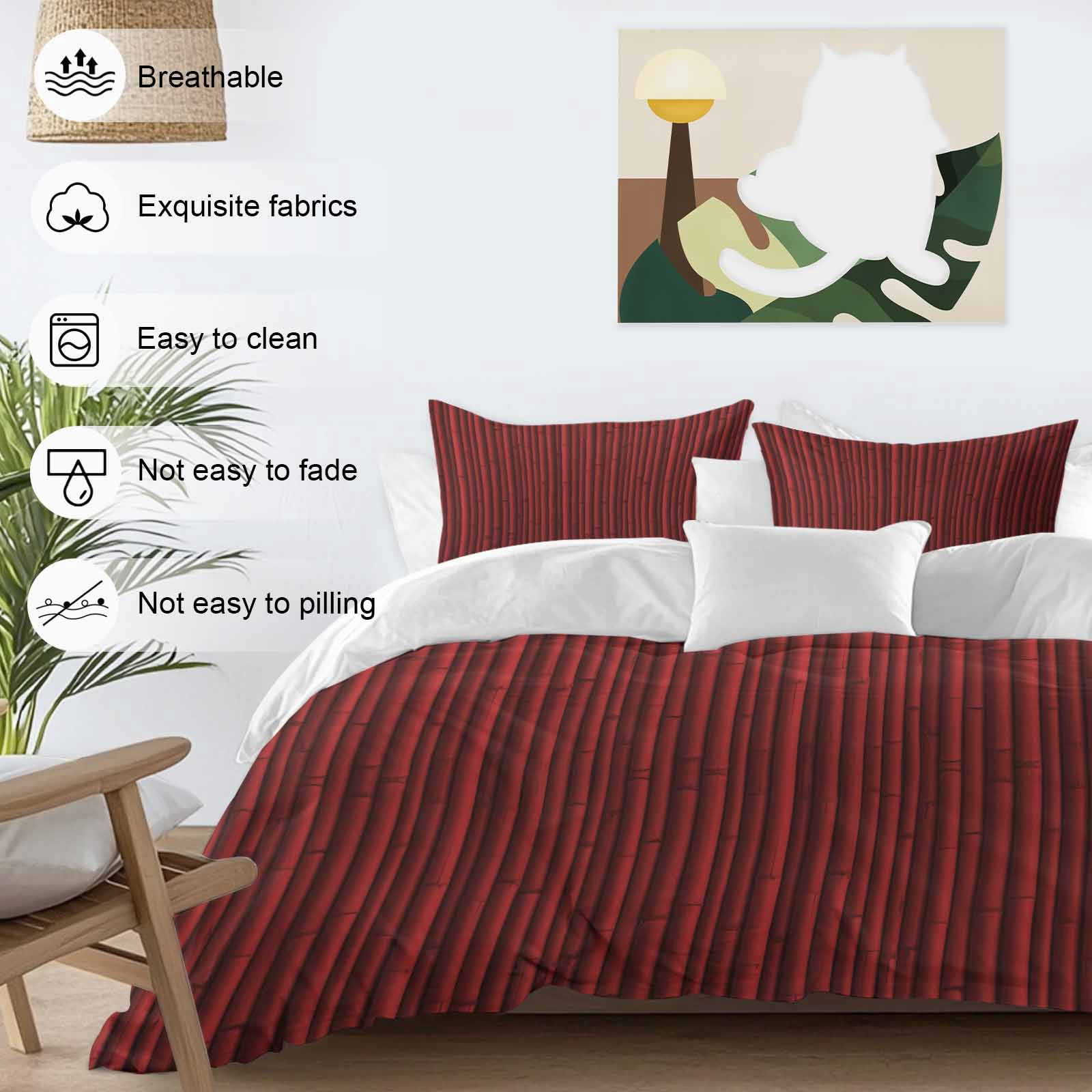 Red Bamboos 4 Piece Duvet Cover Set Queen Size Natural Vintage Bamboos Tree Plant Image Soft Bedding Set Comforter Cover, 1 Duvet Cover 1 Flat Sheets and 2 Pillowcases