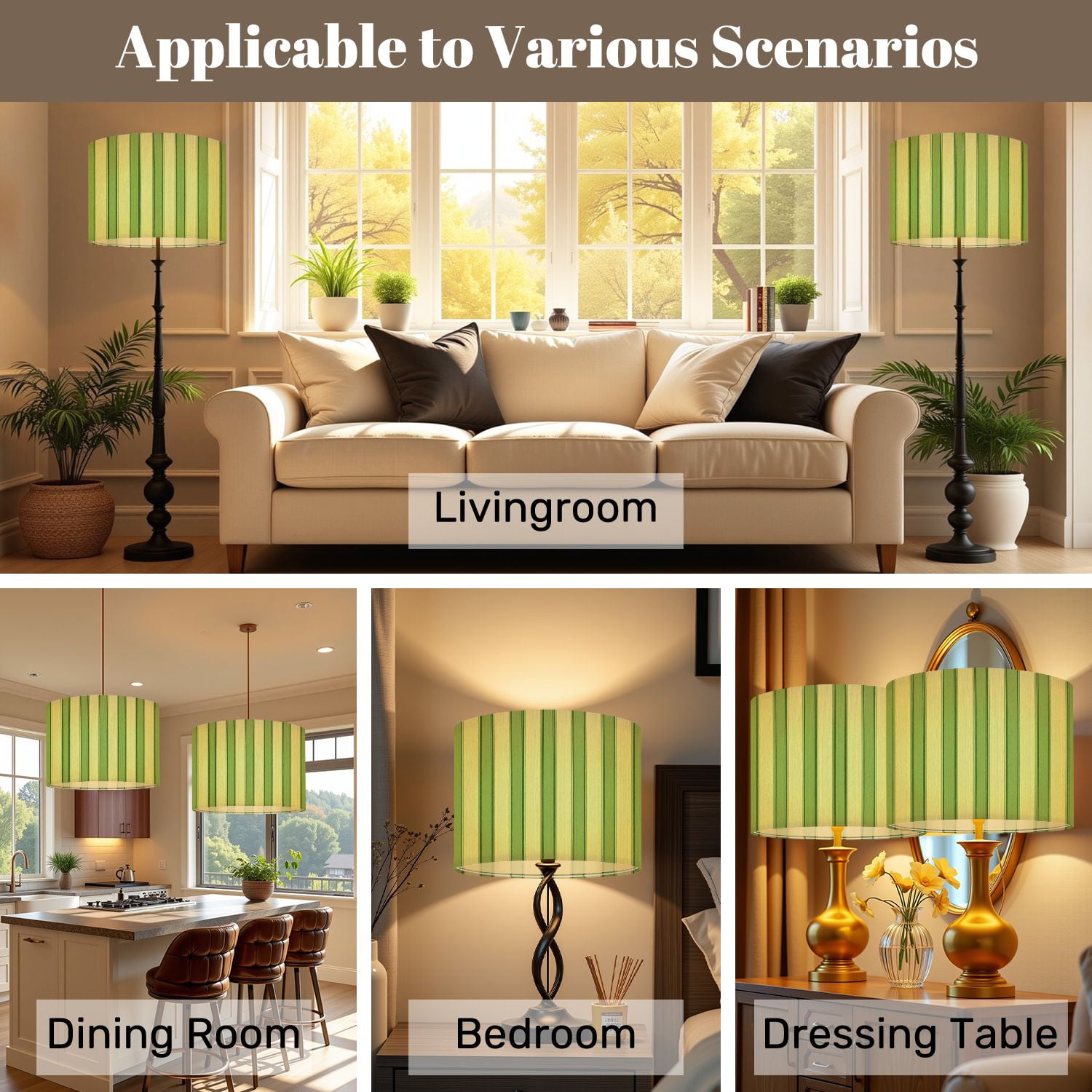 Lampshades 2 Pack Green Beige Striped Textured 13"x13"x10" Light Shade for Table Lamps Floor Lamps Drum Lamp Shades Lampshade Replacement Easy Assembly
