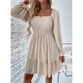 thumbnail image 3 of Femmes Volants Manches Longues Mini Robe Cou Carré Fluide une Ligne Robes Courtes (Beige Taille Unique), 3 of 4