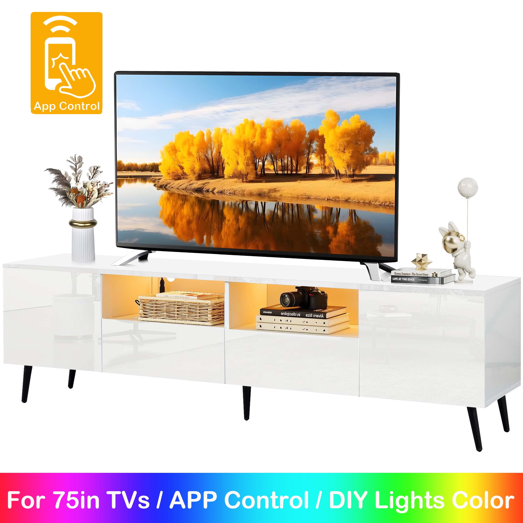 TV Stand for 75 Inch TV, Modern Entertainment Center with RGB LED Lights and Storage Drawers, High Gloss Living Room TV Cabinet, White