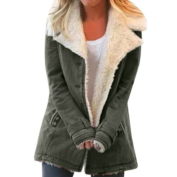 Abrigo de invierno para mujer, abrigo de felpa grueso y cálido, elegante abrigo liso y mullido, chaqueta clásica de invierno con capucha y manga larga con solapa y botones, chaqueta de