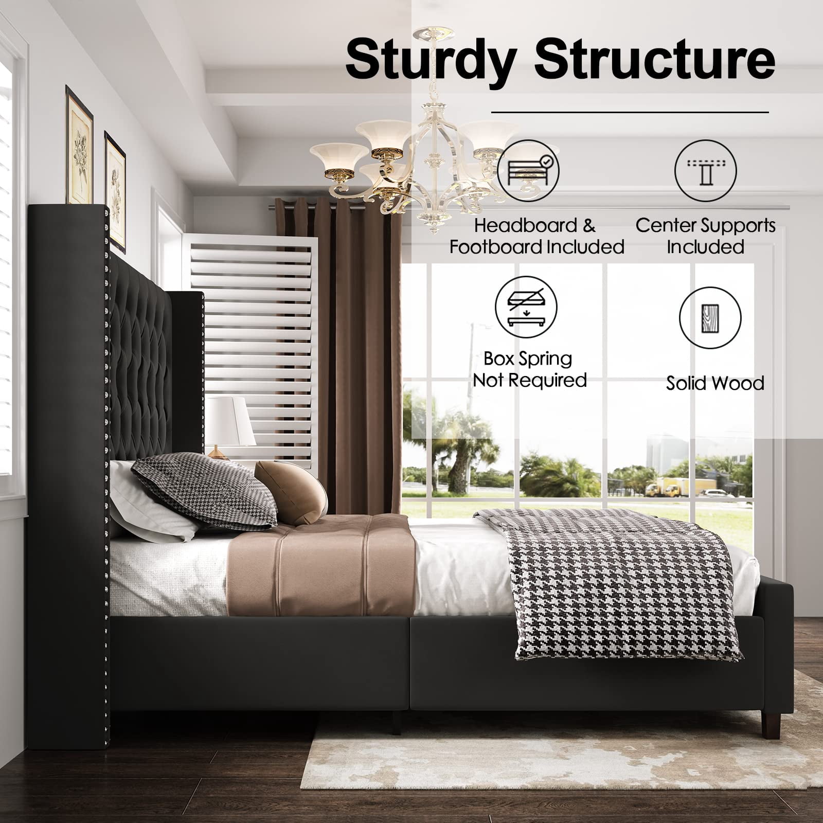 VanAcc Queen Platform Bed Frame 61.4" Handmade Headboard Velvet Tall Upholstered Bed Deep Button Tufted/Wood Slat Support/Easy Assembly/Black