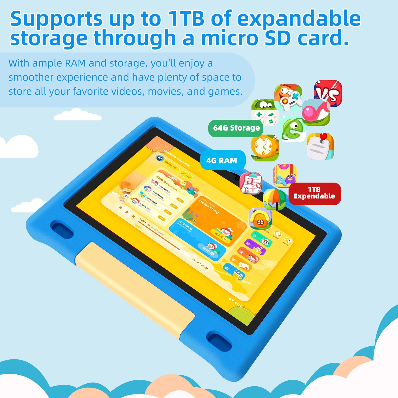 Kids Tablet, 10.1 inch IPS HD Touchscreen Android 14 64 GB Storage, 8GB RAM, Octa Core Tablet for Kid with Kid-Proof Case, Parental Controls, 12-hr Battery, WiFi, GPS – Blue