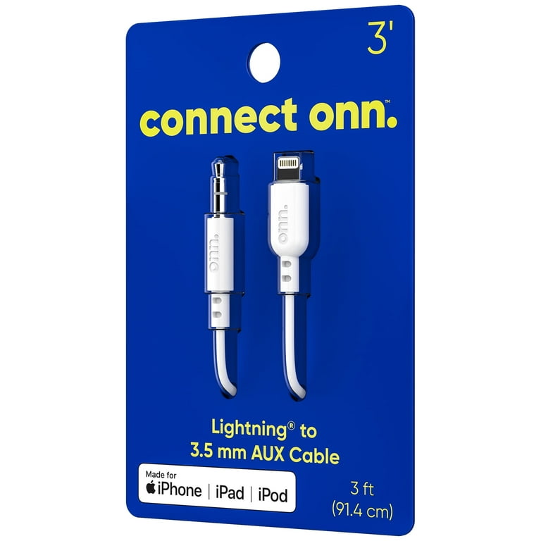 onn. 3' Lightning to 3.5 mm Audio AUX Cable for iPhone iPad