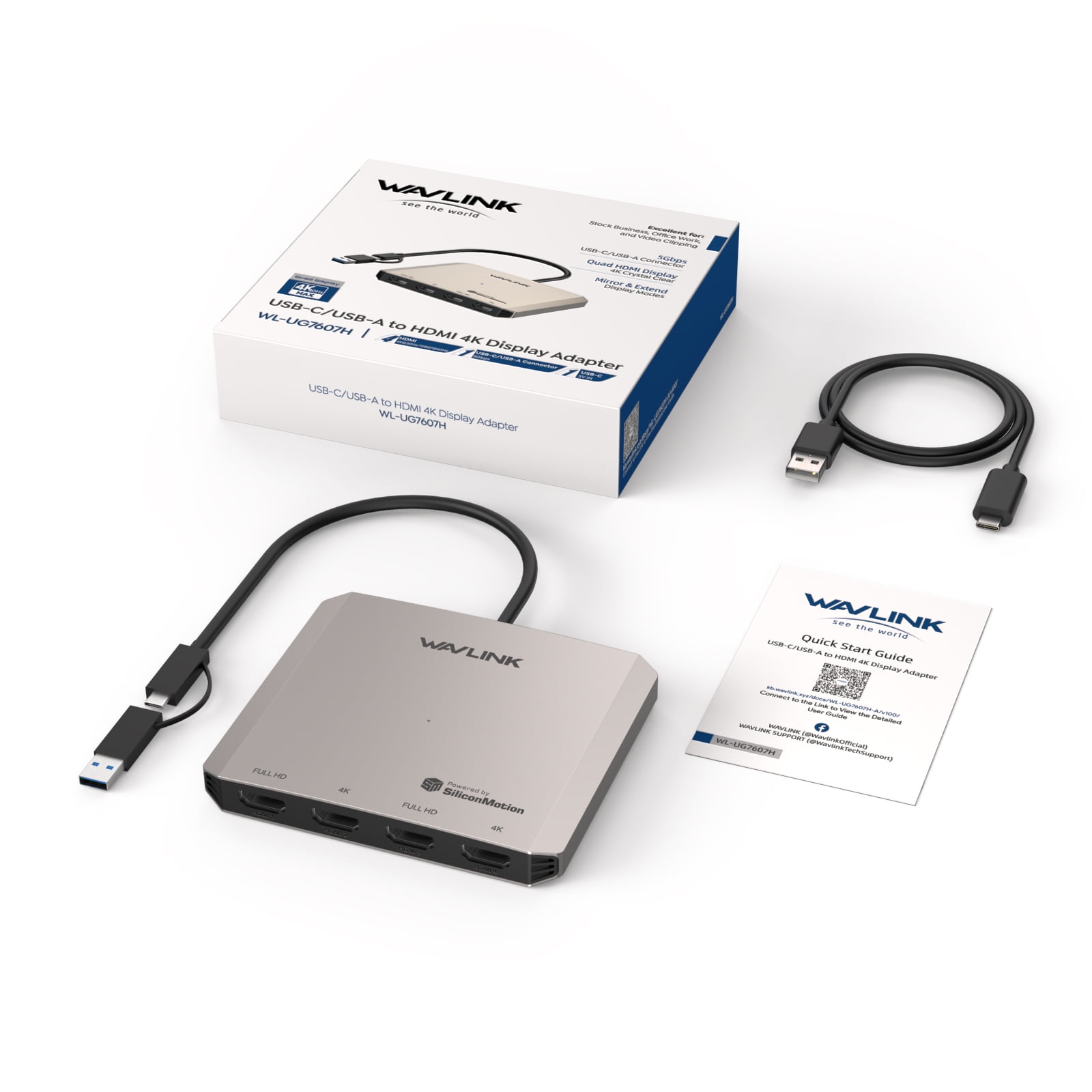 WAVLINK Quad Display USB Adapter with 4K@30Hz/1080P@60Hz HDMI Ports, USB Laptop Adapter 5Gbps Data Transfer Speed for Intel/Mac&Windows Laptop